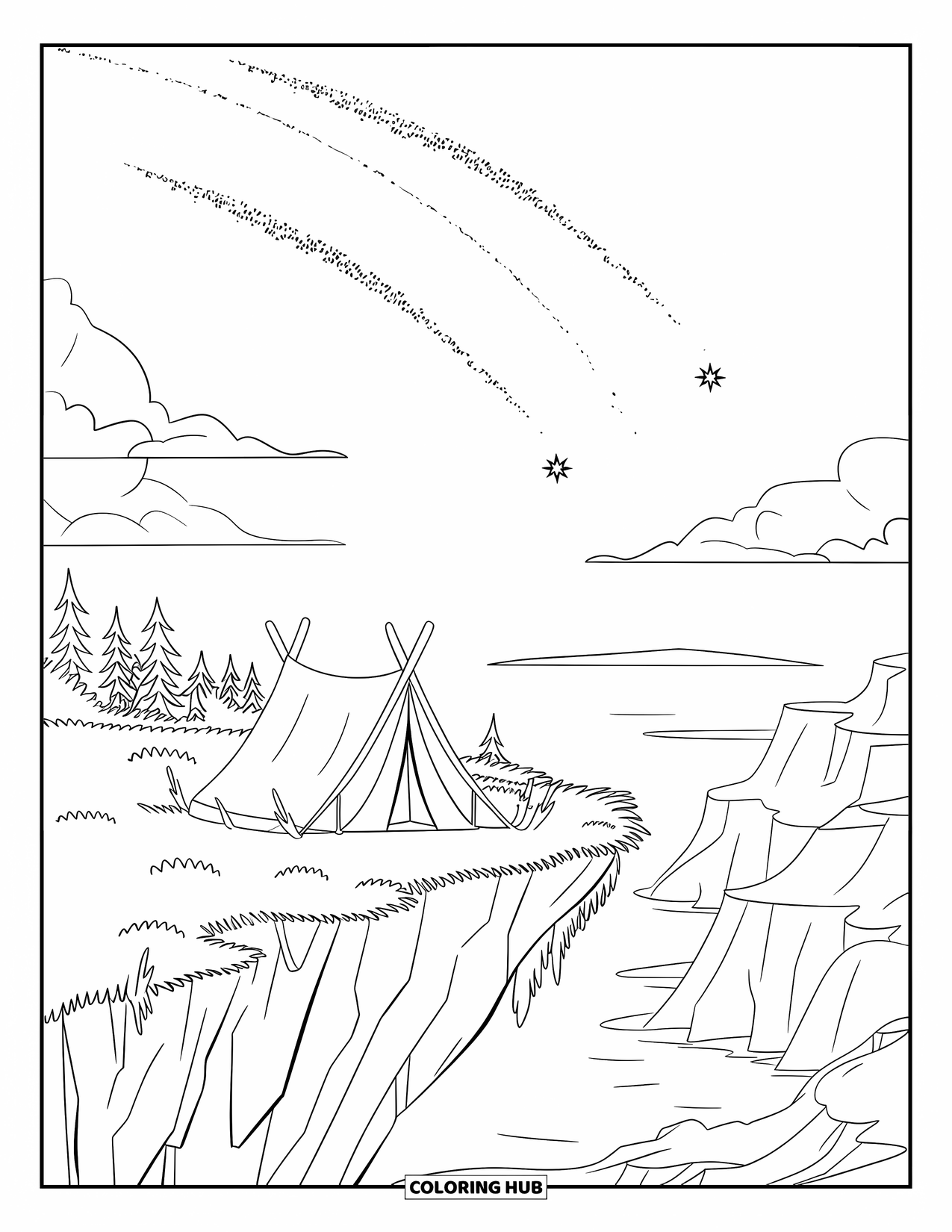 Night Sky Coloring Page for Kids: A tent sits on a cliff under a magical sky filled with stardust trails