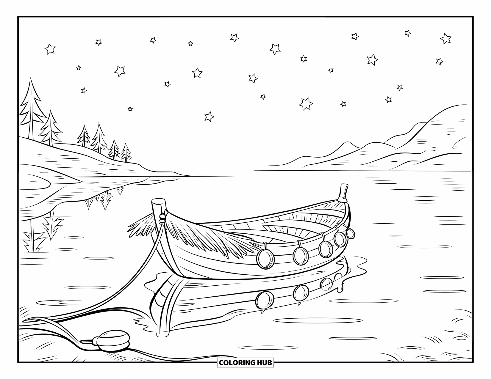 Night Sky Coloring Page for Kids: A thatched-roof boat drifts under starry skies with mountains in the distance