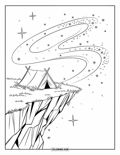 Coloriage du ciel nocturne pour enfants : Une petite tente posée sur une falaise avec des étoiles et de la poussière d'étoiles qui tourbillonnent au-dessus