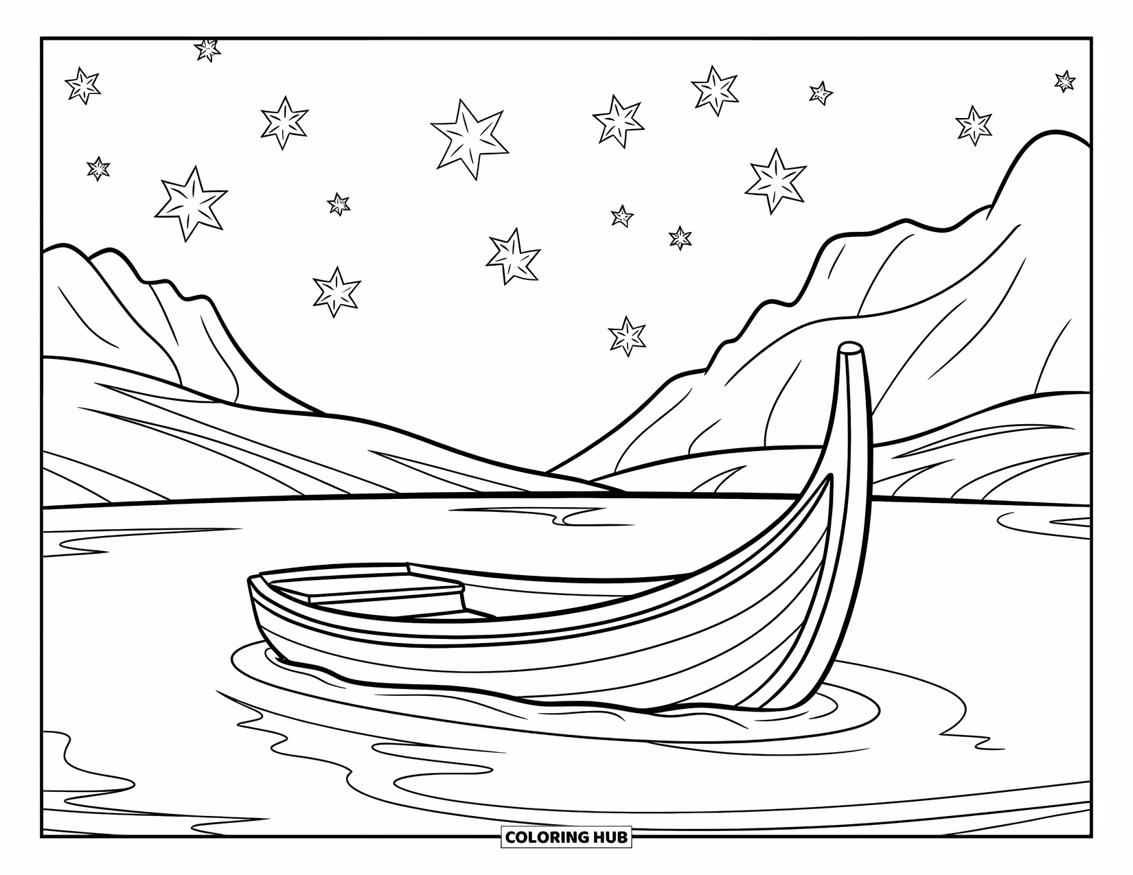 Night Sky Coloring Page for Kids: A wooden boat drifts gently as stars twinkle above grassy mountains