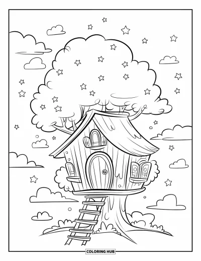 Coloriage du ciel nocturne pour enfants : Des nuages flottants et des étoiles scintillantes entourent une cabane dans les arbres avec une échelle en bois