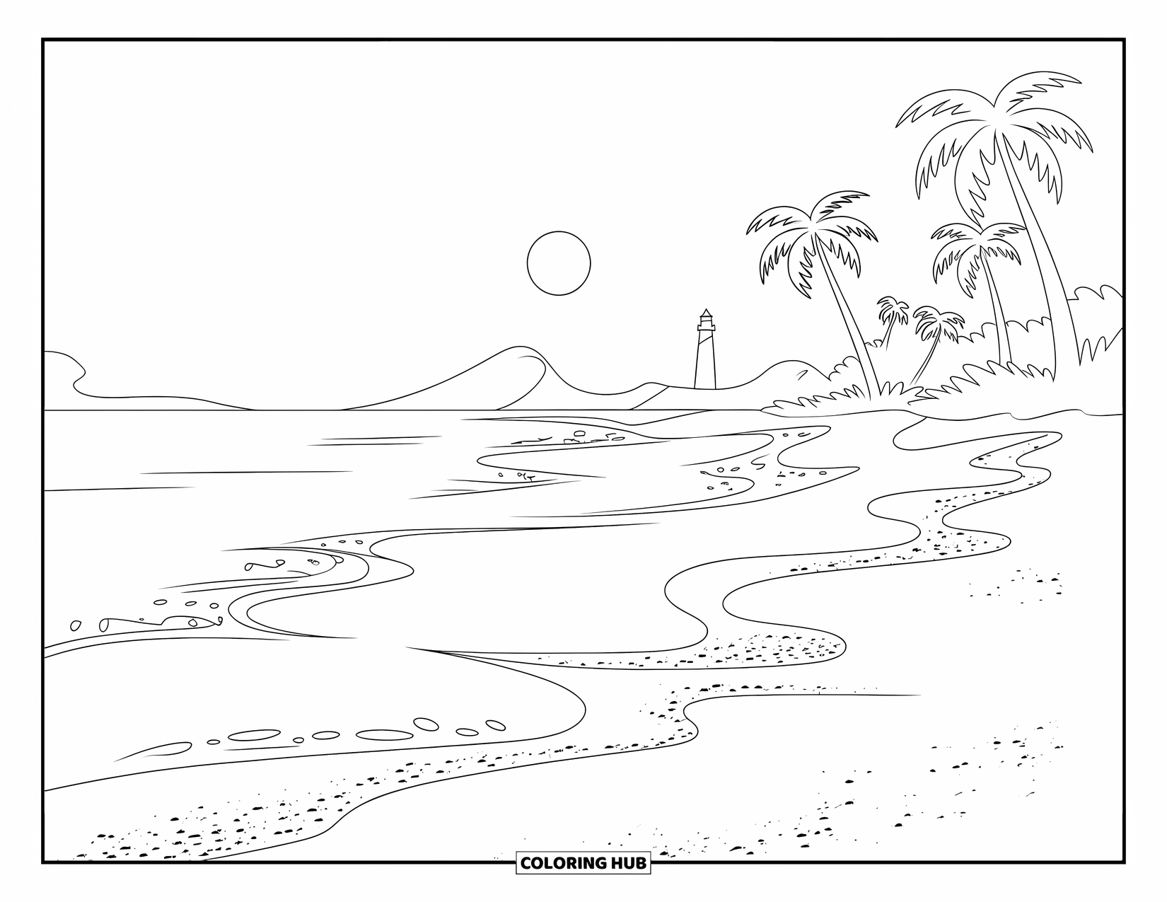 Night Sky Coloring Page for Kids: Palm trees and a lighthouse silhouette frame a calm beach with moonlit waves