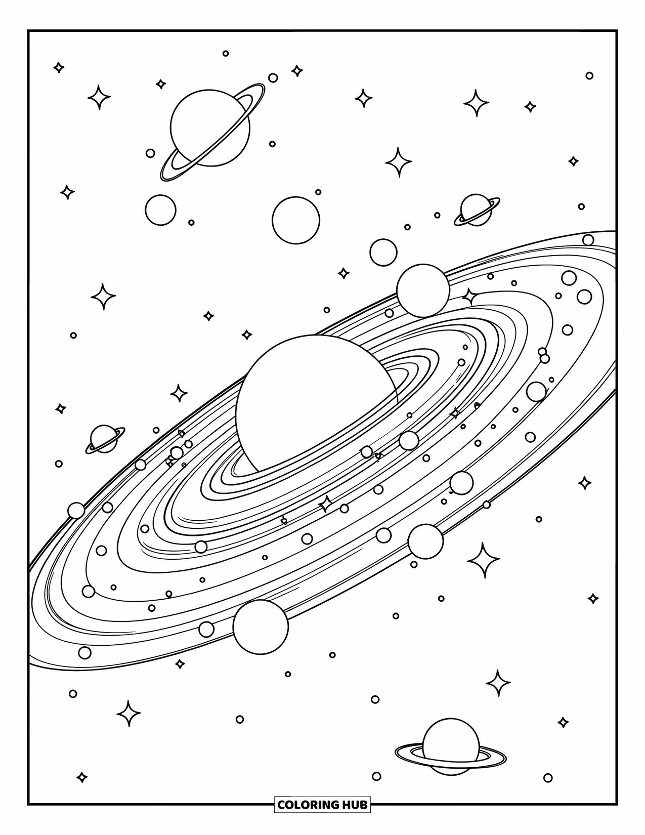 Night Sky Coloring Page for Kids: Planets and stars swirl through space in a dreamy galaxy scene