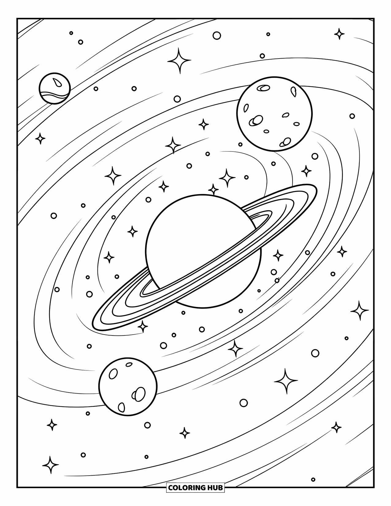 Night Sky Coloring Page for Kids: Planets with rings and moons spin in a starry spiral galaxy