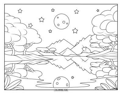 Coloriage du ciel nocturne pour enfants : Les eaux lisses du lac reflètent le ciel nocturne, les montagnes et quelques étoiles scintillantes