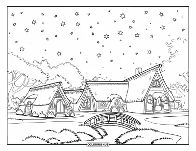Coloriage du ciel nocturne pour enfants : Des étoiles scintillent au-dessus des toits et des arbres d'un village paisible