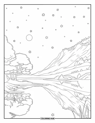 Coloriage du ciel nocturne pour enfants : Des eaux immobiles reflètent le ciel étoilé, encadrées par des arbres et une vue sur la montagne