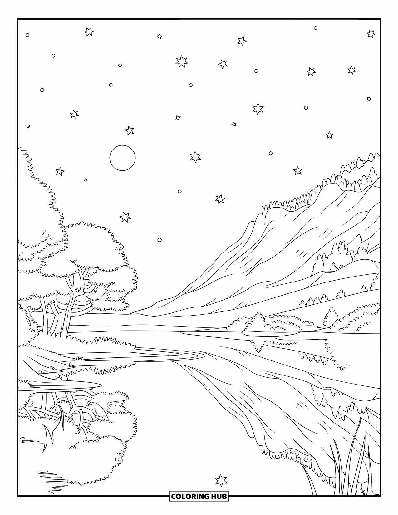 Night Sky Coloring Page for Kids: Still waters mirror the starry sky, framed by trees and a mountain view