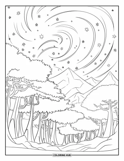 Coloriage du ciel nocturne pour enfants : Des étoiles tourbillonnantes illuminent une forêt tranquille enveloppée d'une légère brume