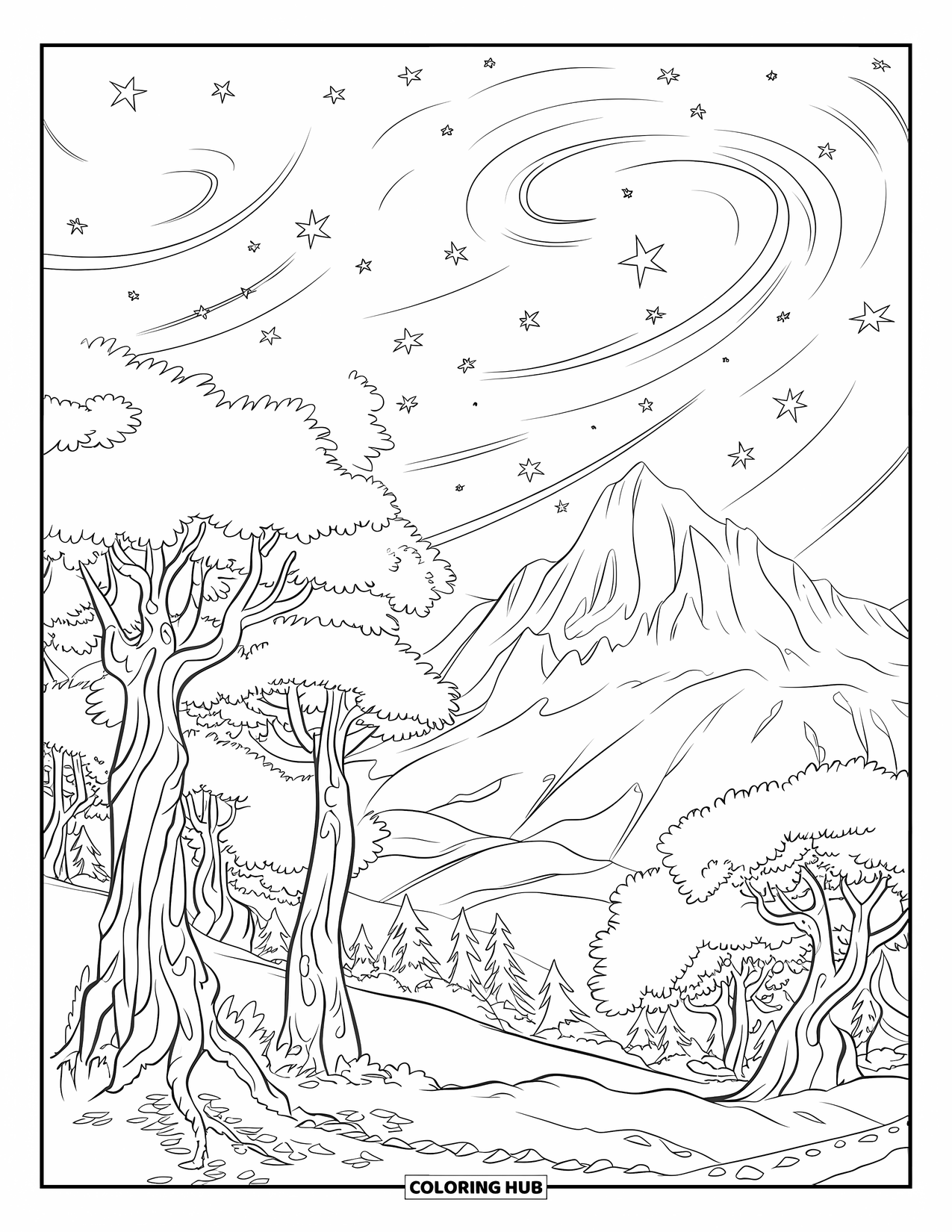 Night Sky Coloring Page for Kids: Tall trees stand beneath a swirling, star-filled sky in a mountain forest
