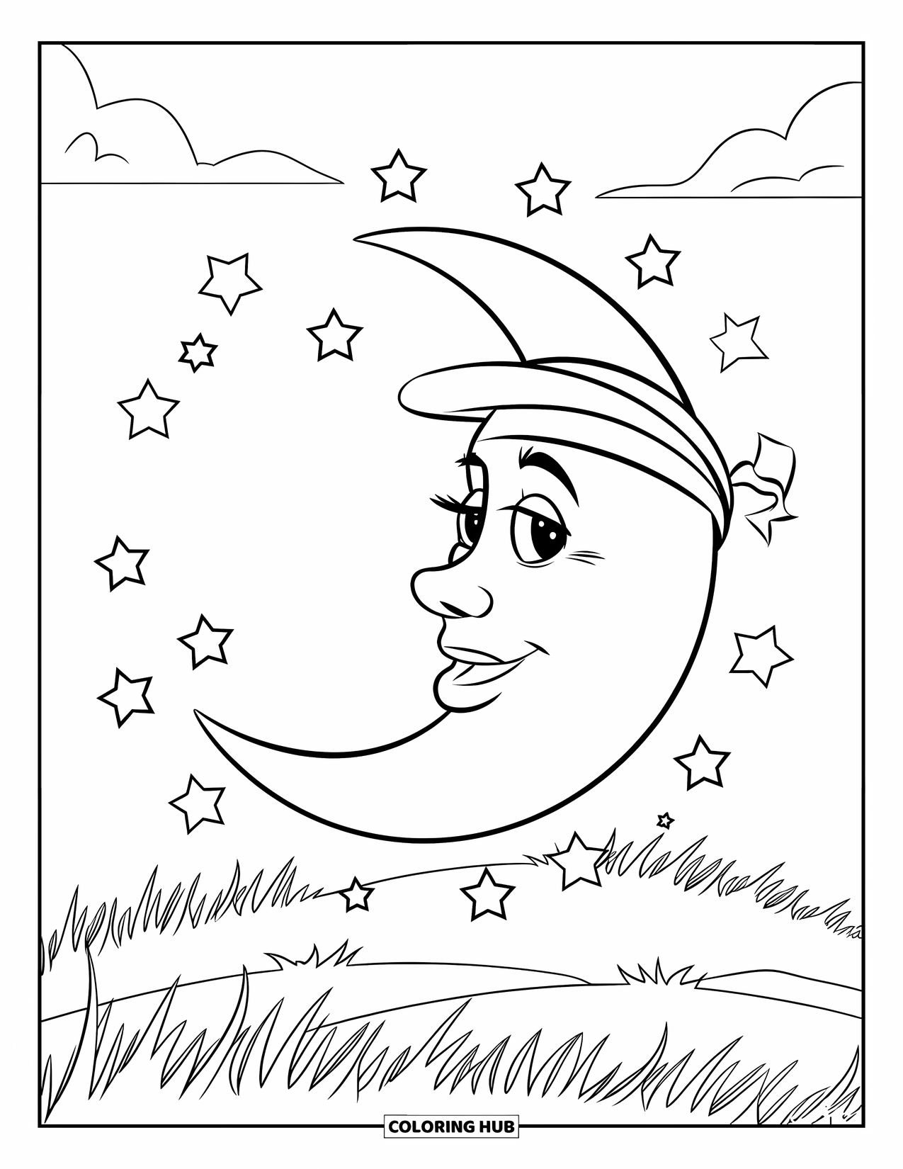 Night Sky Coloring Page for Kids: The crescent moon smiles from a hilltop, surrounded by clouds and stars