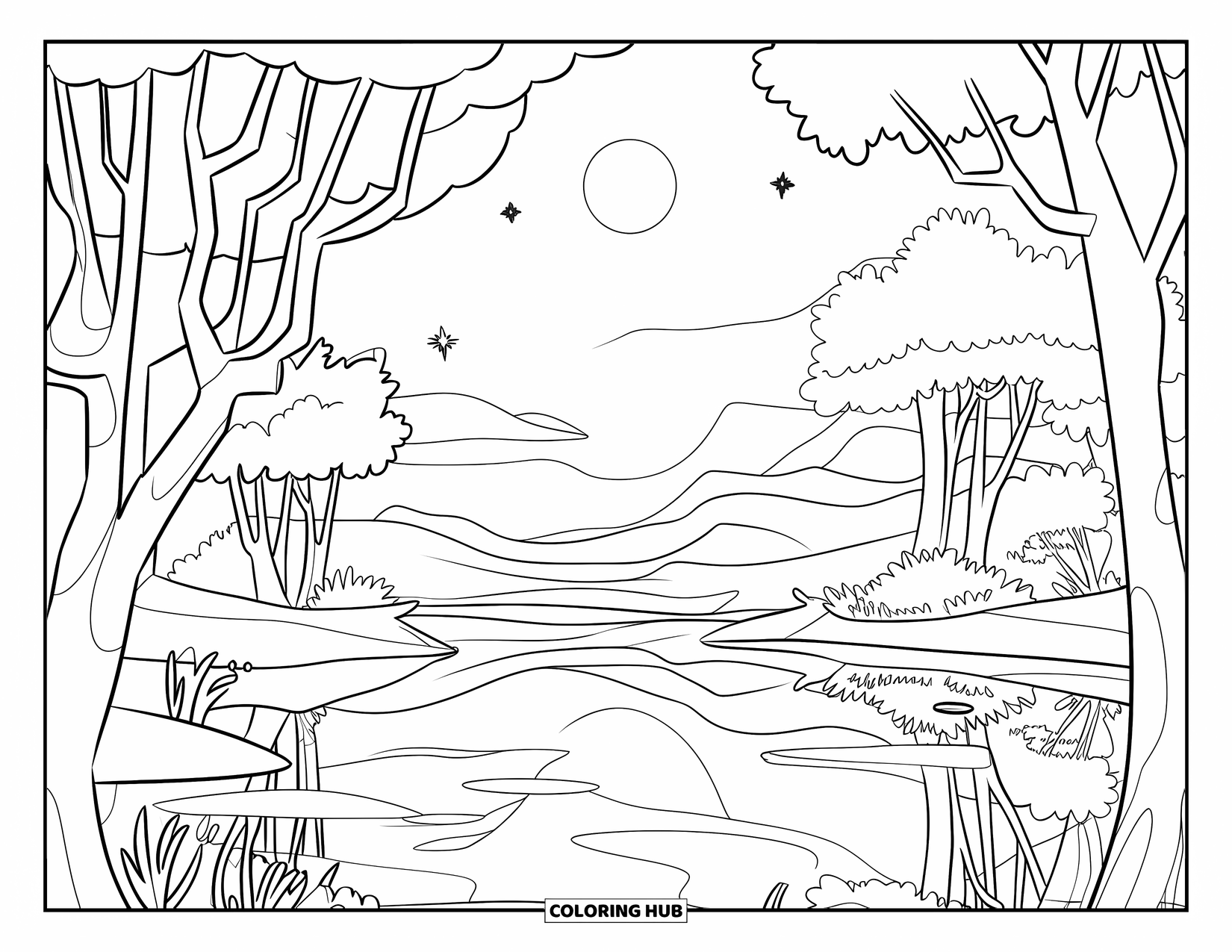 Night Sky Coloring Page for Kids: The full moon glows above a lake, surrounded by quiet forest and stars
