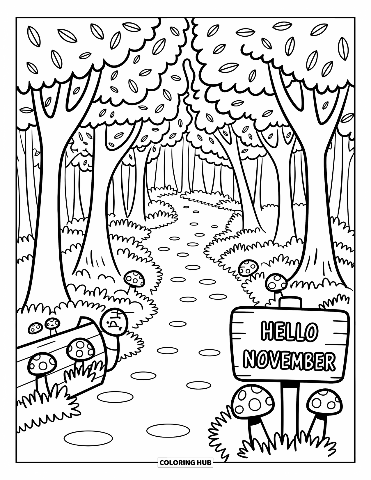 November Coloring Page for Adults: A signpost reading Hello November stands on a leaf-covered forest path