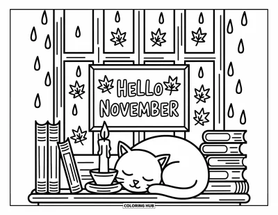 Listopadová omalovánka pro dospělé: Spící kočka se schoulila u knih a svíčky pod cedulí "Hello November"