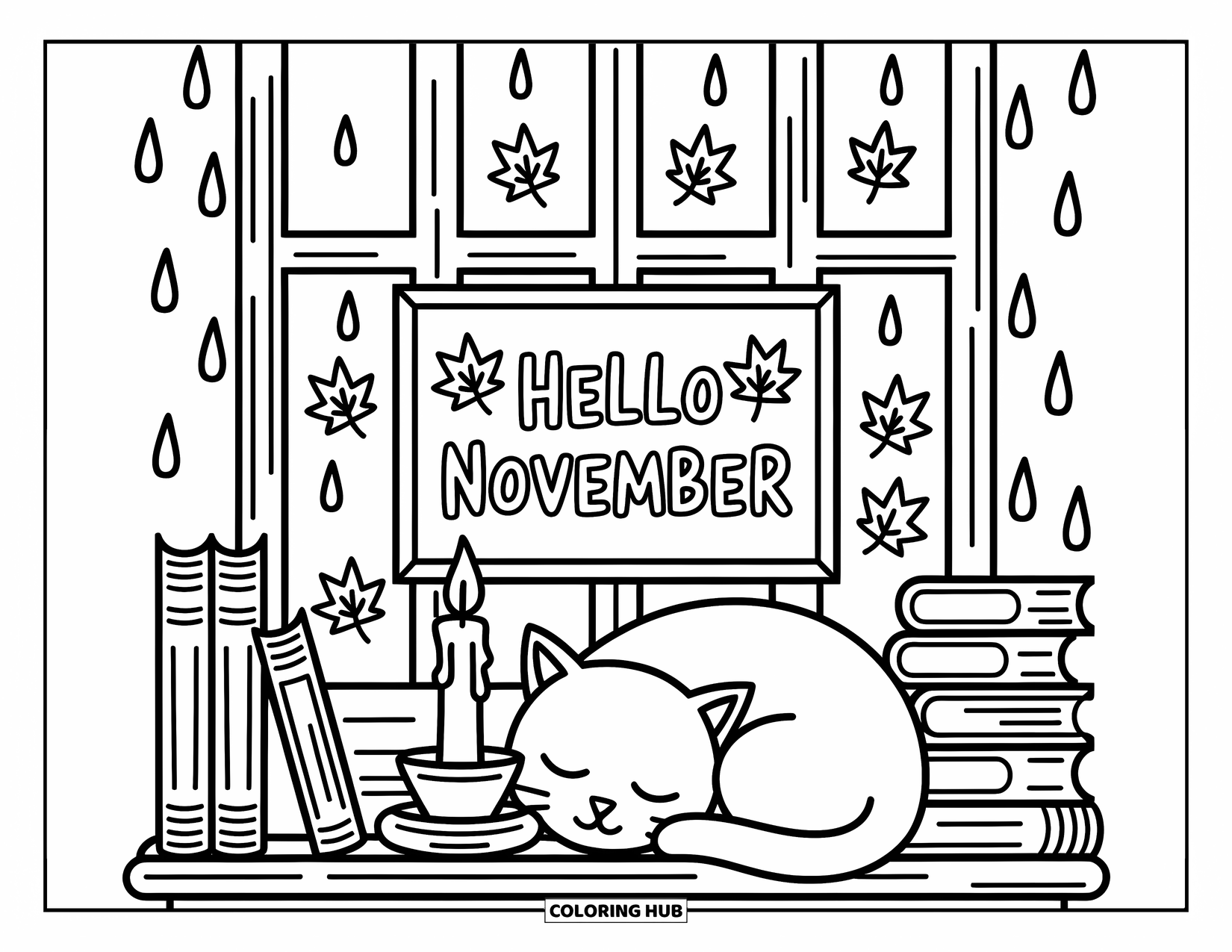 November Coloring Page for Adults: A sleeping cat curls beside books and a candle under a "Hello November" sign