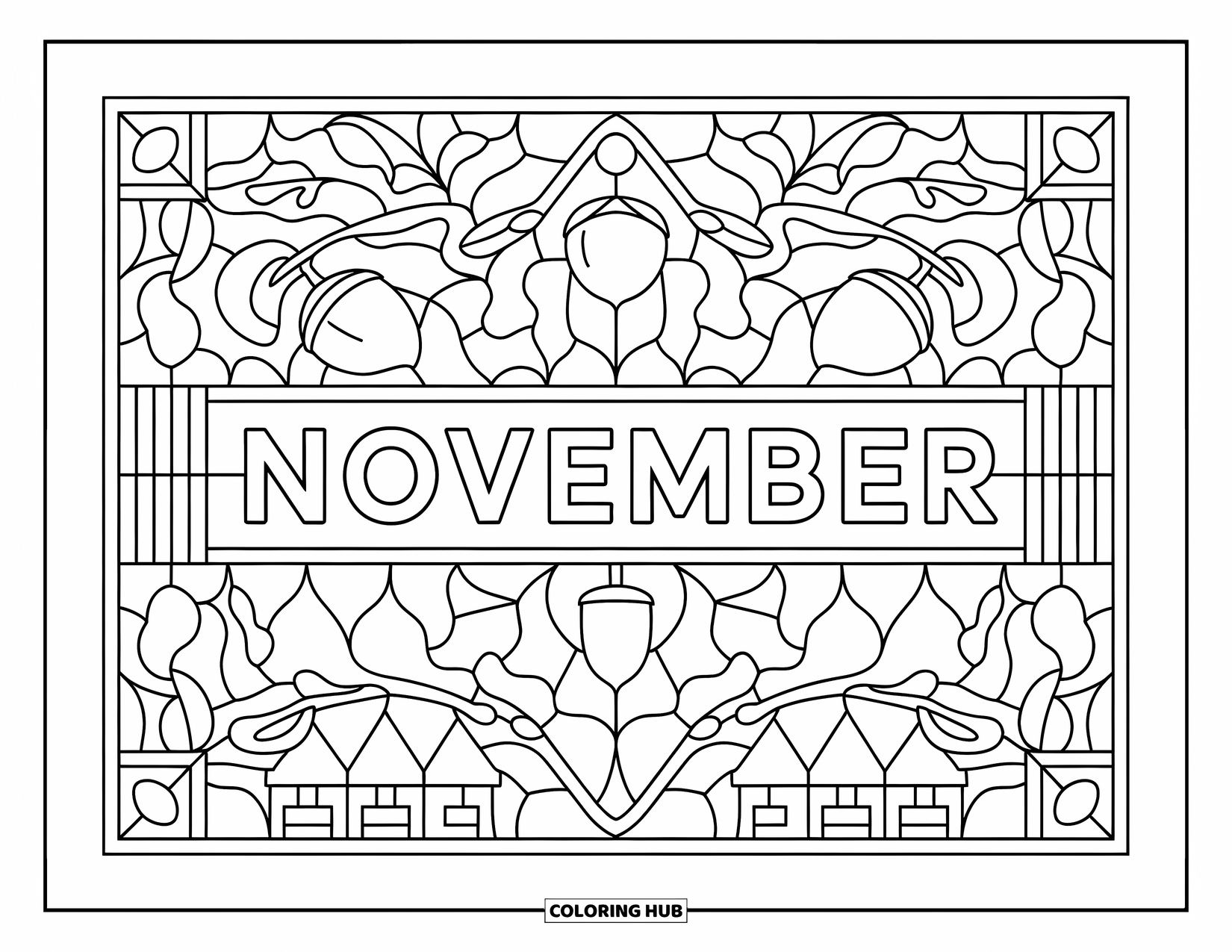 November Coloring Page for Adults: A stained glass frame of birds and acorns surrounds the word November