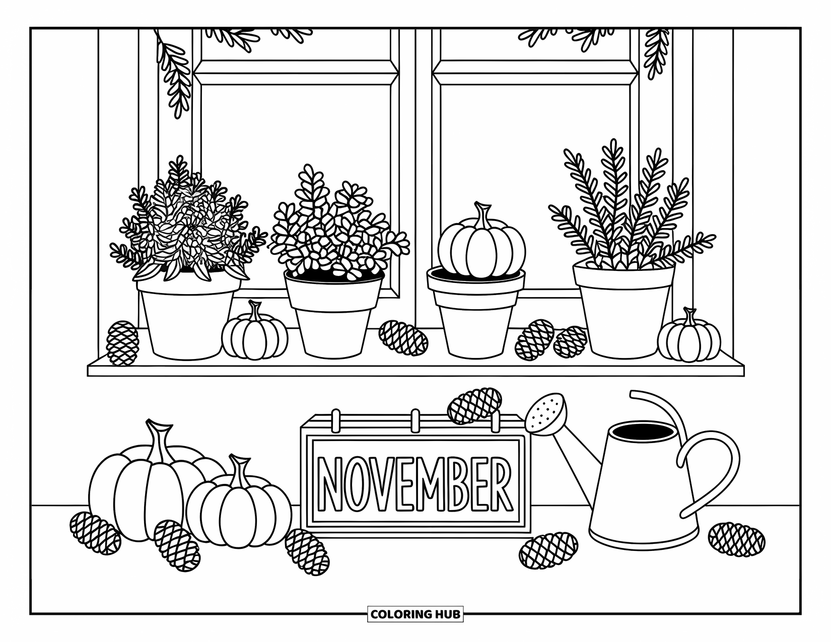 November Coloring Page for Adults: A windowsill garden scene with pinecones, pumpkins, and a November block calendar