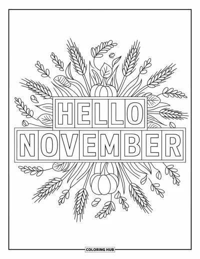 Listopadová omalovánka pro dospělé: Bloková písmena Hello November obklopená podzimní mandalou ze sezónních rostlin