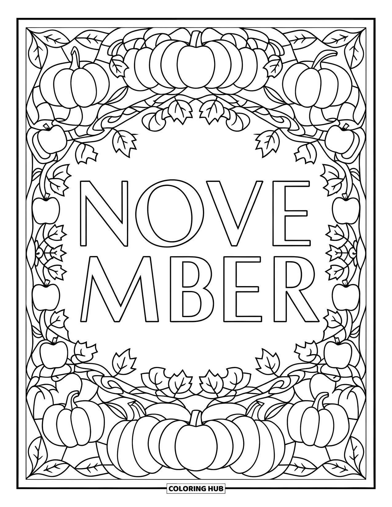 November Coloring Page for Adults: Bold serif November text is framed by stained glass with pumpkins and apples