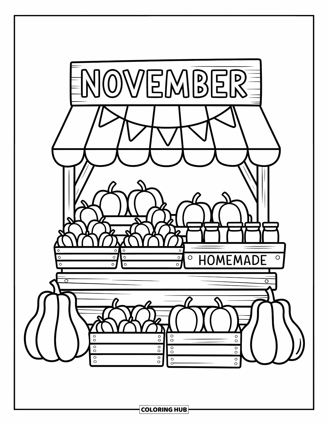 November Coloring Page for Adults: Crates of apples and squash fill a cozy stall with a playful November banner