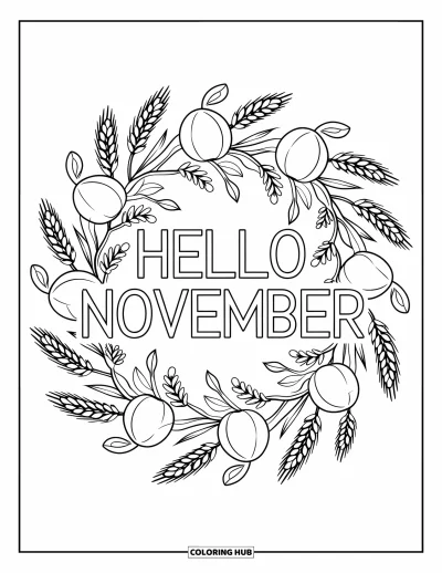 Listopadová omalovánka pro dospělé: Nápis Hello November uvnitř mandaly z pšenice, brusinek a tykví
