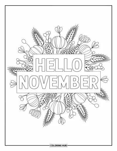 Listopadová omalovánka pro dospělé: Nápis Hello November v mandale plné pšenice a brusinek