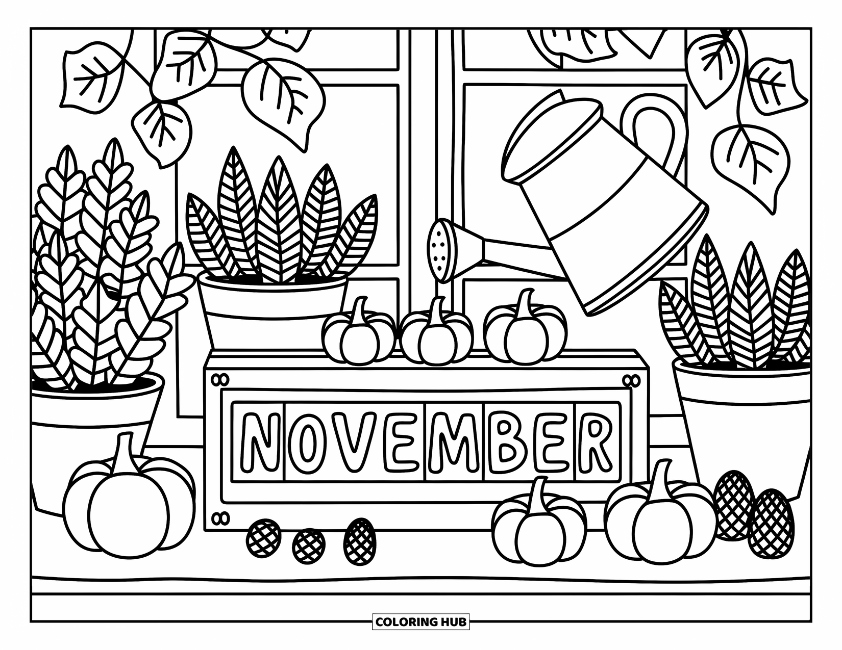 November Coloring Page for Adults: Mini pumpkins and herbs sit on a windowsill beside a cute calendar that says November