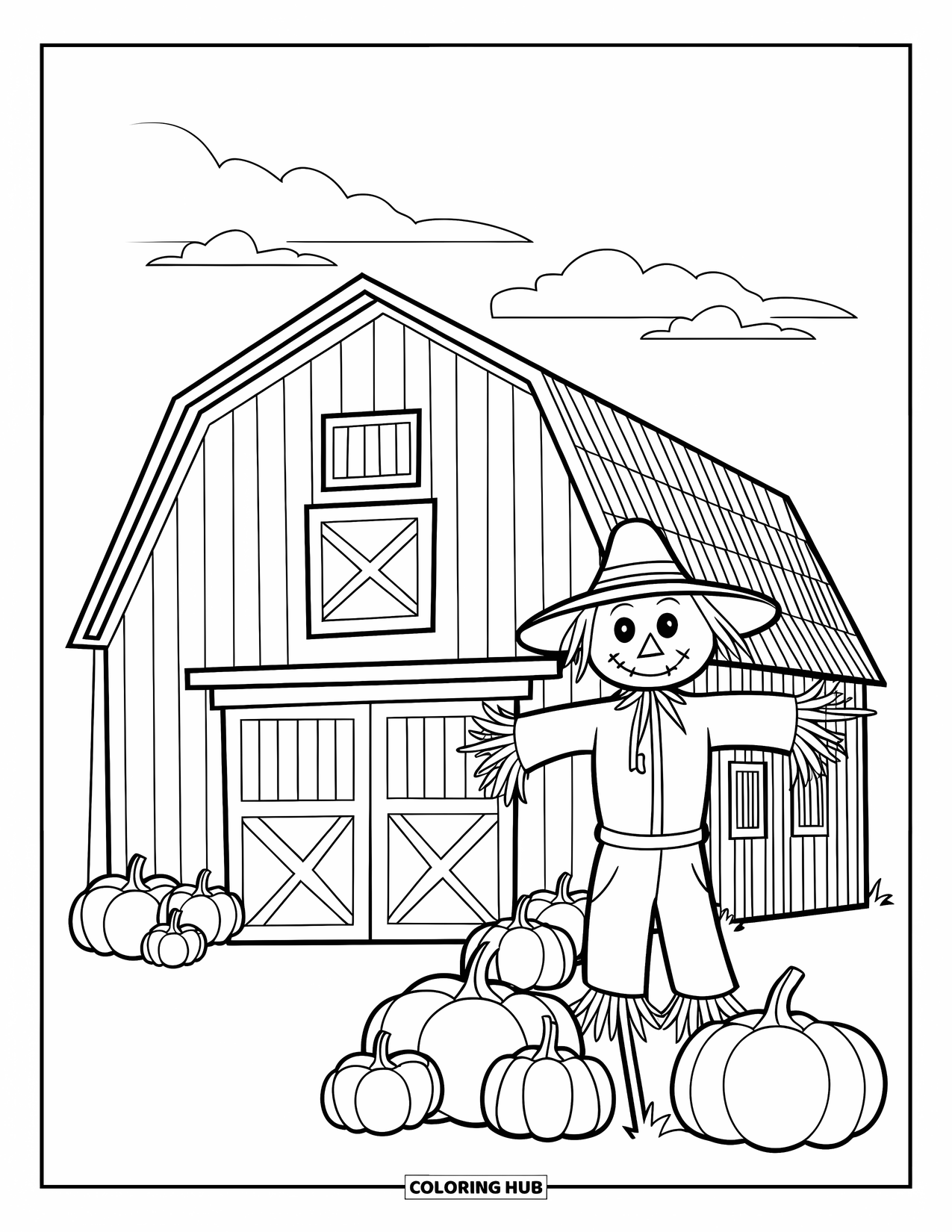 November Coloring Page for Kids: A barn with pumpkins and a scarecrow stands under a bright sky