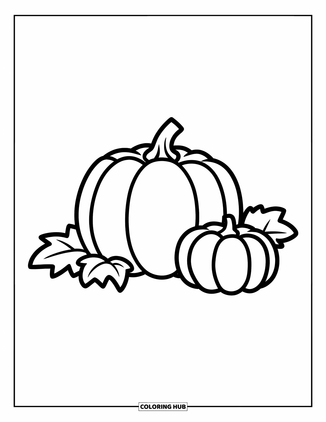 November Coloring Page for Kids: A big pumpkin sits beside a smaller one with simple leaves