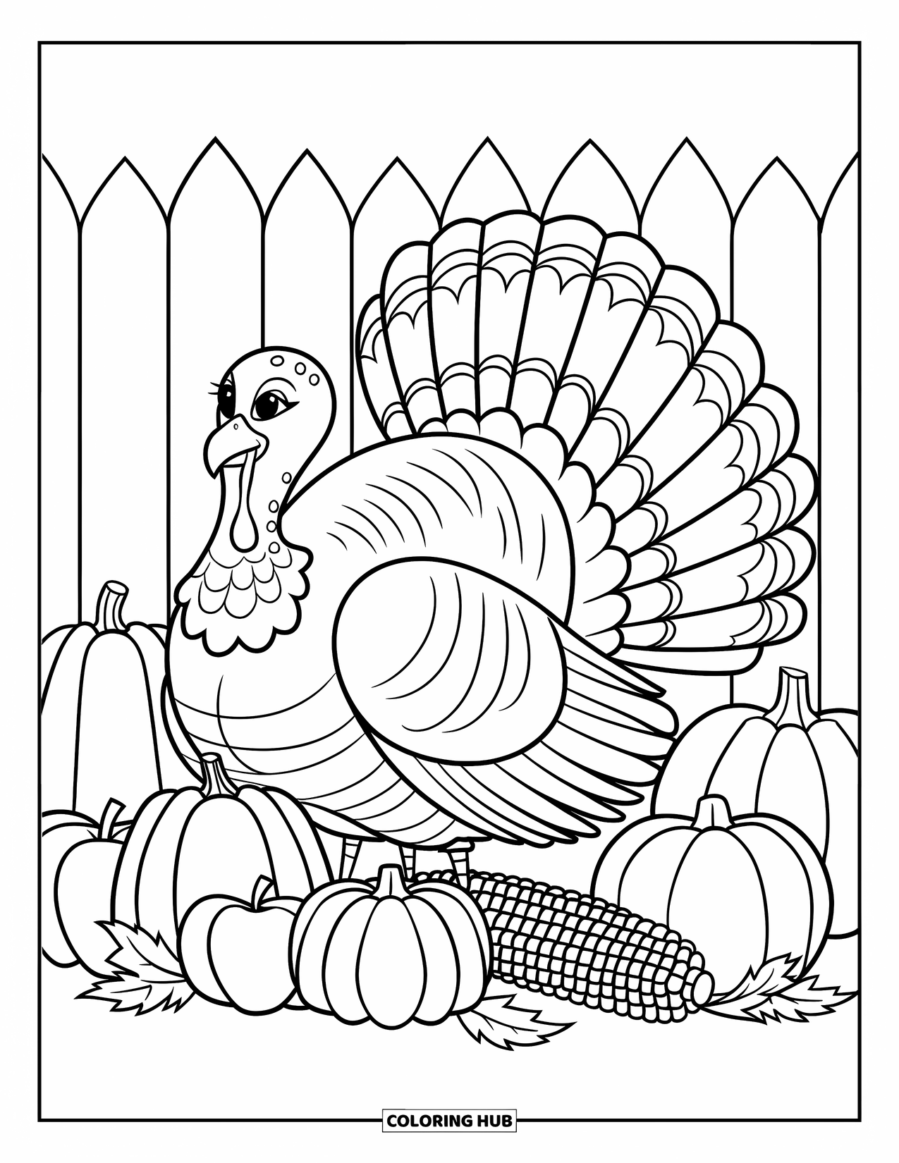 November Coloring Page for Kids: A big turkey with pumpkins and apples near a wooden fence