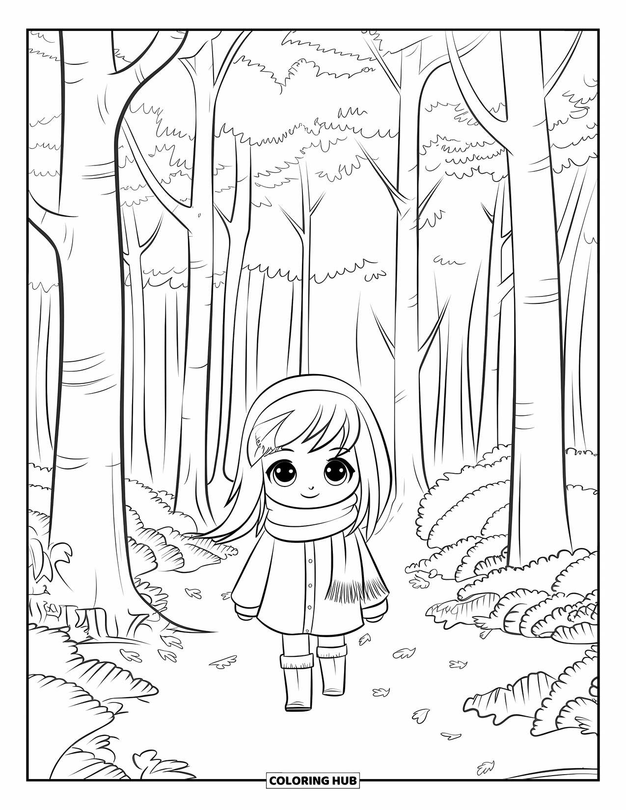 November Coloring Page for Kids: A chibi girl with boots and a scarf walks through a leafy forest