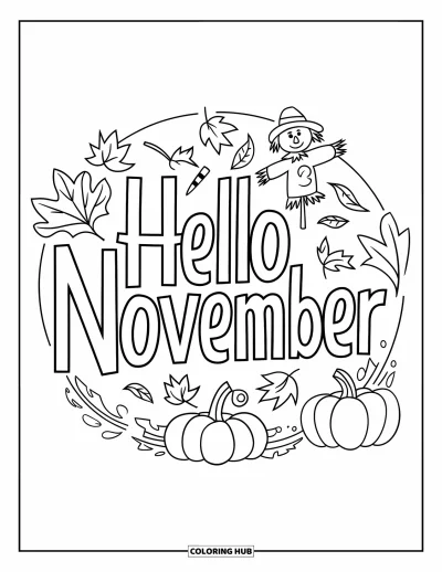 Listopadová omalovánka pro děti: Kruh podzimních dekorací obklopuje veselý nápis "Hello November"