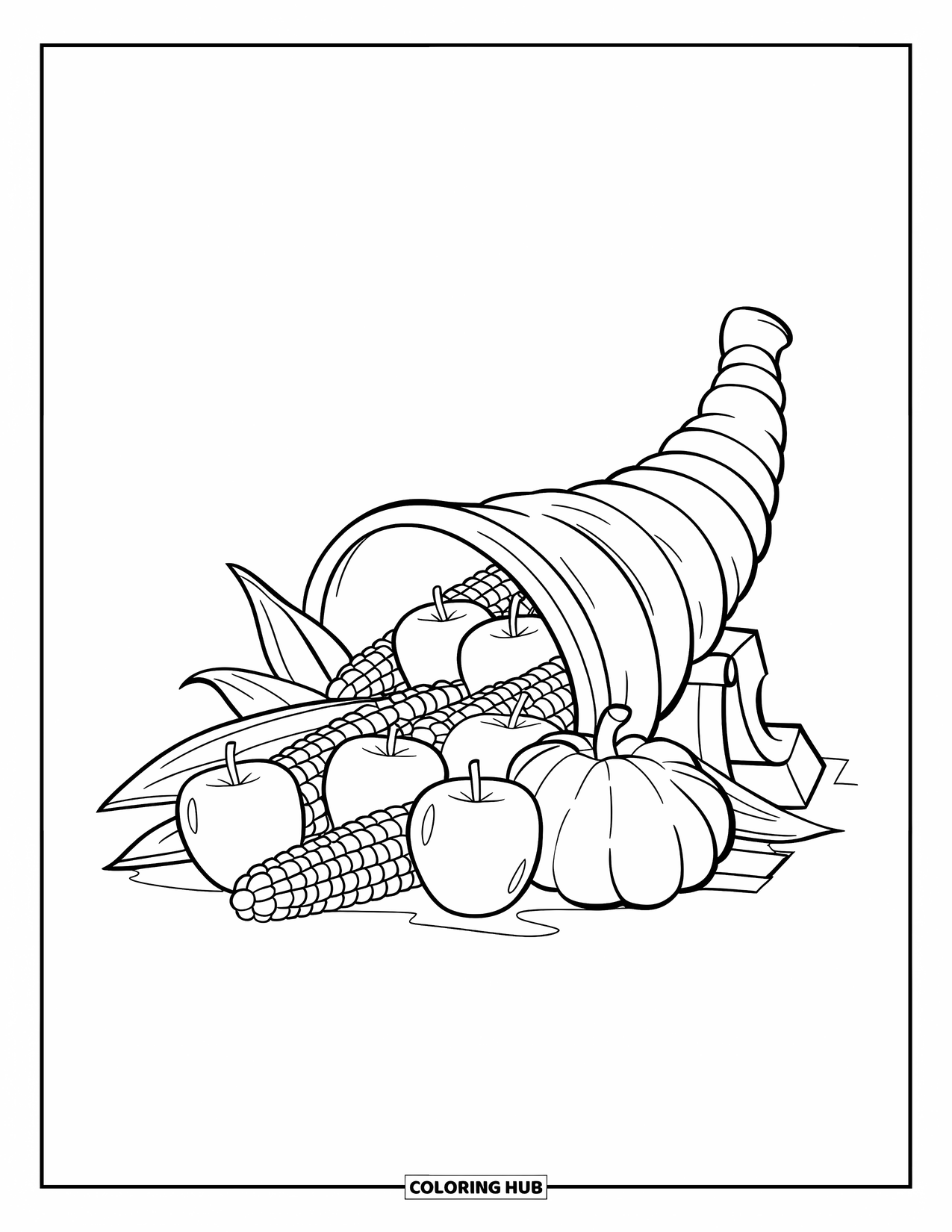 November Coloring Page for Kids: A classic horn of plenty overflows with apples and corn