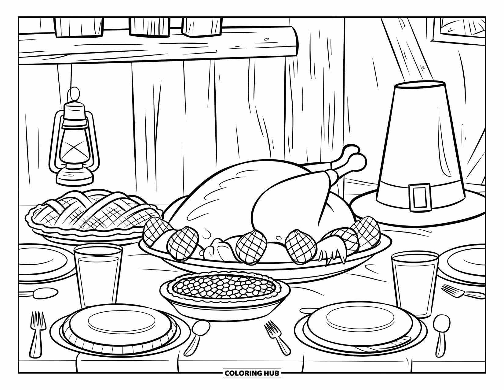 November Coloring Page for Kids: A cooked turkey rests on a table with pie, juice, and a pilgrim hat