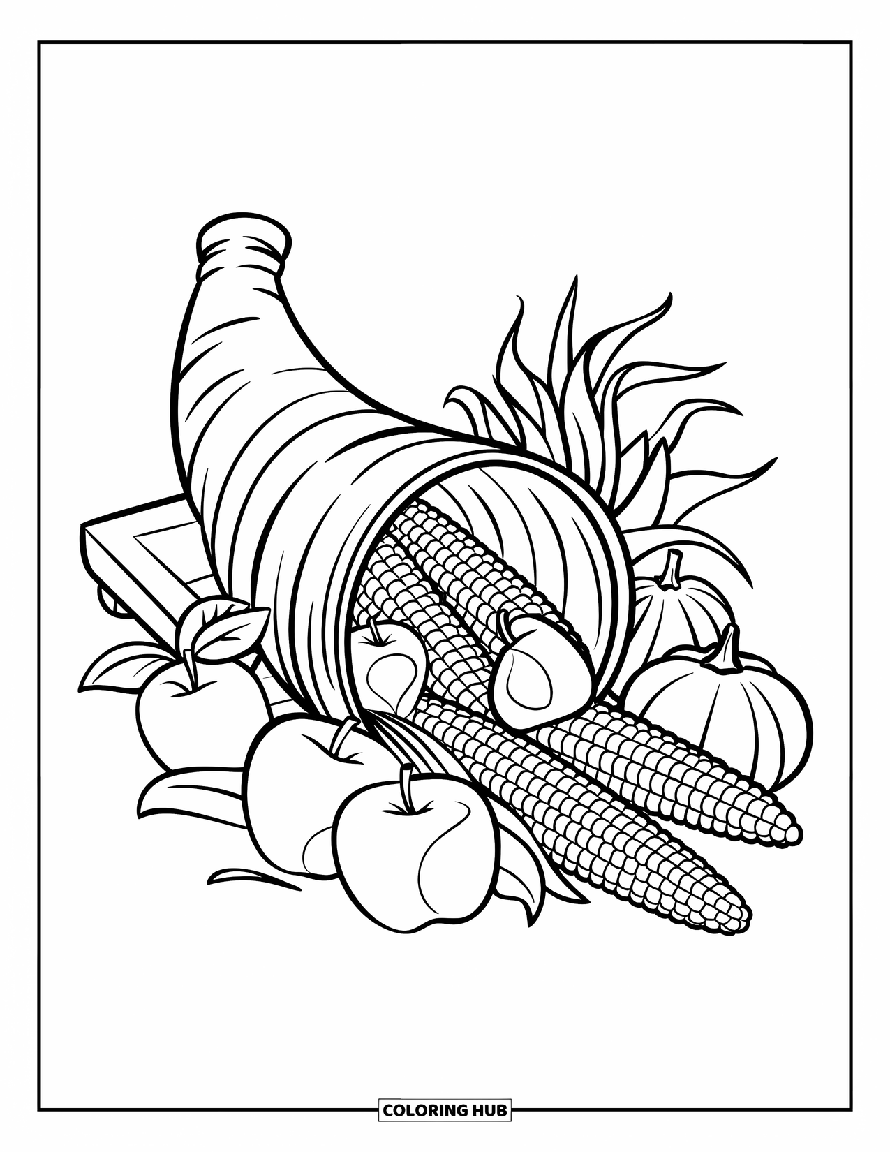 November Coloring Page for Kids: A cornucopia spills apples, corn, and squash onto a wooden stand