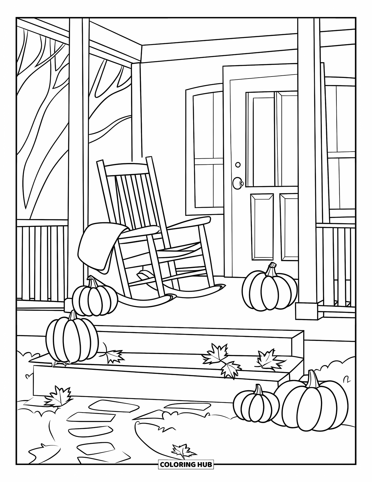 November Coloring Page for Kids: A cozy porch with a chair, blanket, and scattered autumn leaves