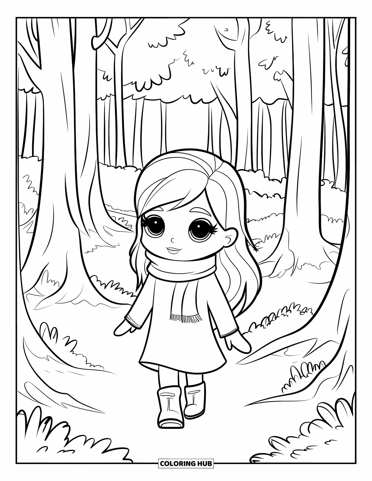 November Coloring Page for Kids: A girl with long hair and a scarf strolls through tall autumn trees