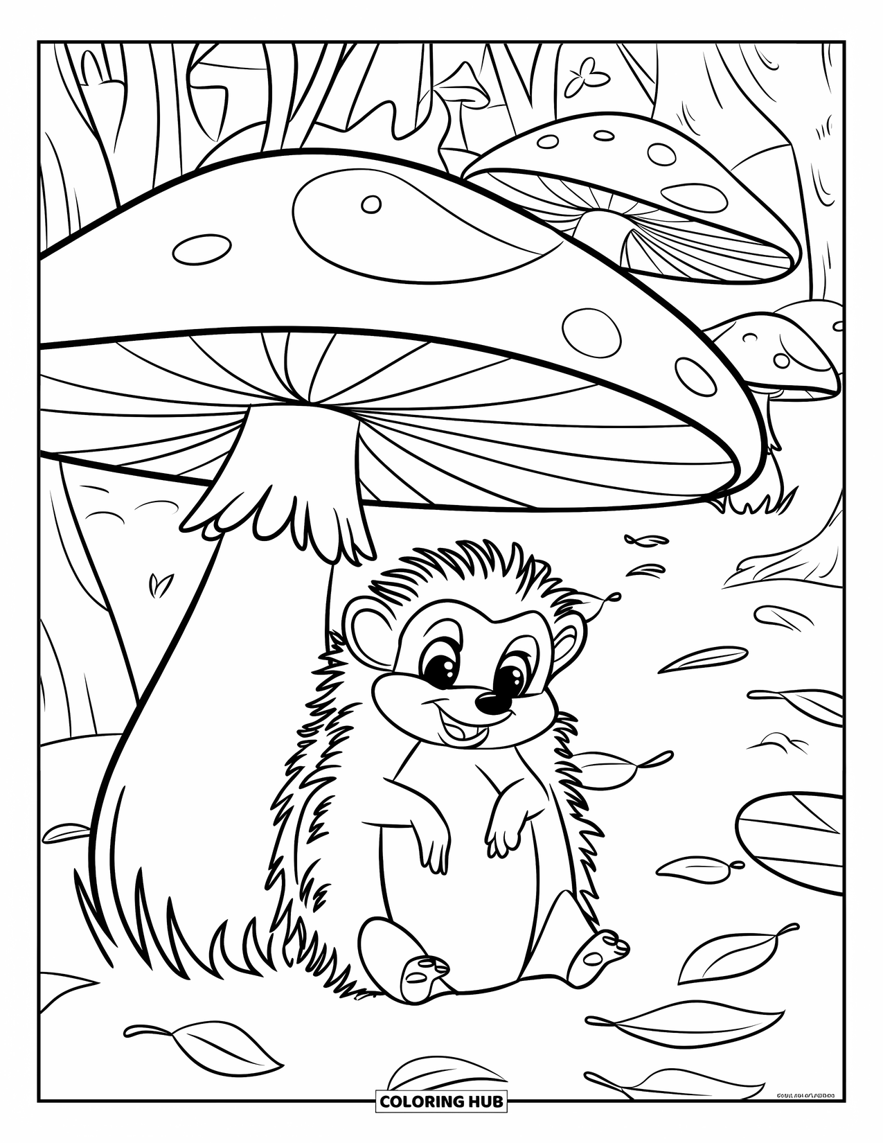 November Coloring Page for Kids: A happy hedgehog sits under a mushroom surrounded by tall trees