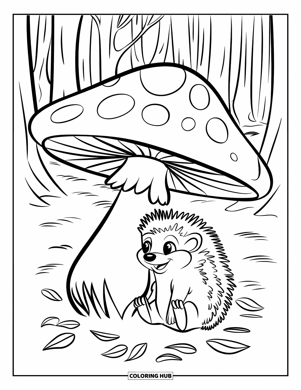 November Coloring Page for Kids: A hedgehog relaxes under a large mushroom in a leafy forest