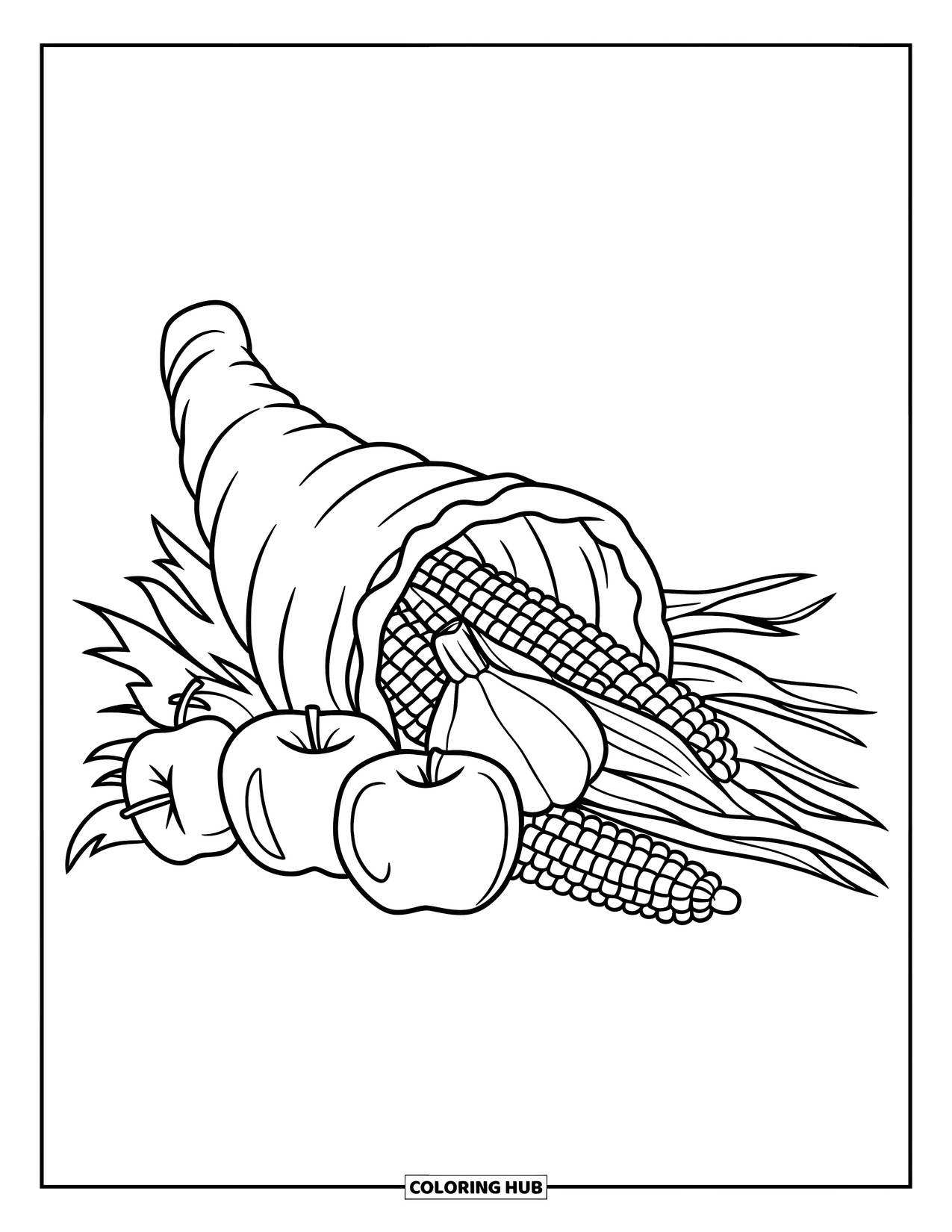 November Coloring Page for Kids: A horn-shaped basket overflows with squash and apples on a white background