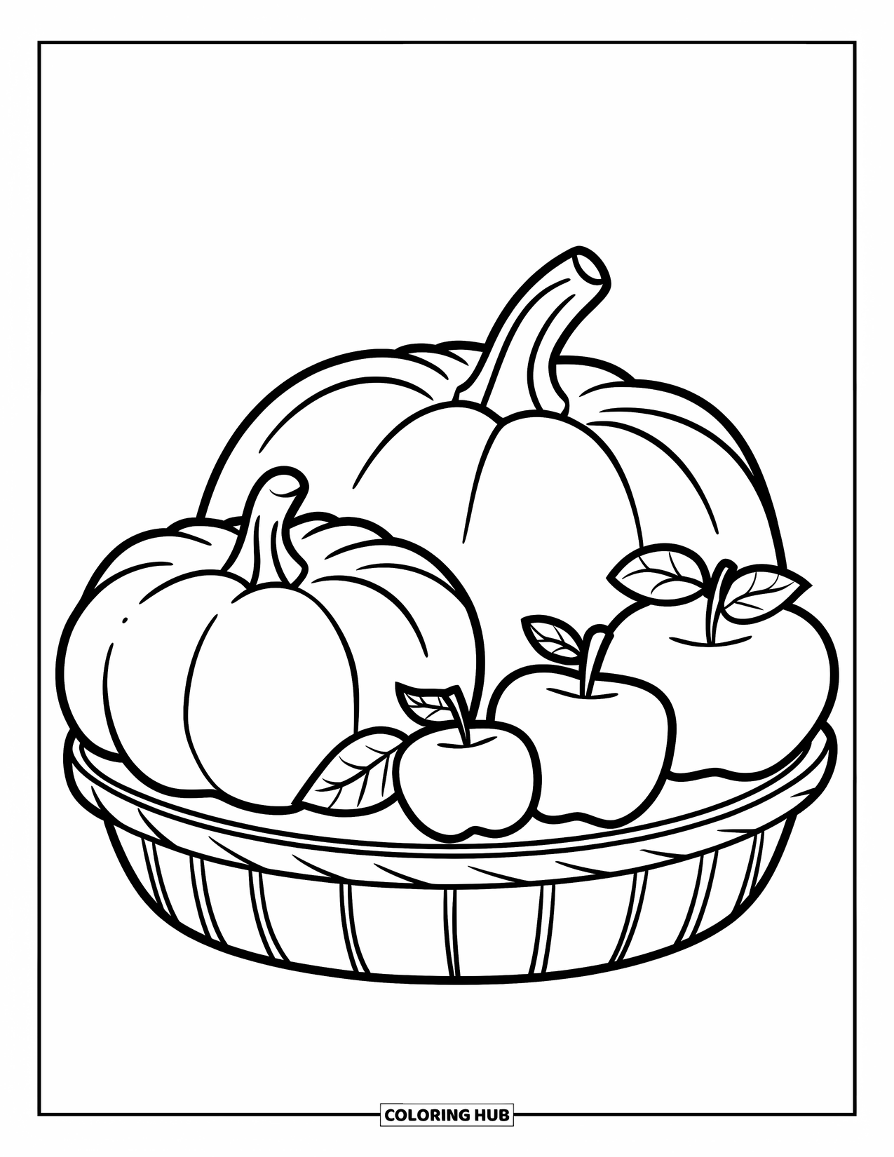 November Coloring Page for Kids: A large pumpkin, a small one, and apples sit in a wooden basket