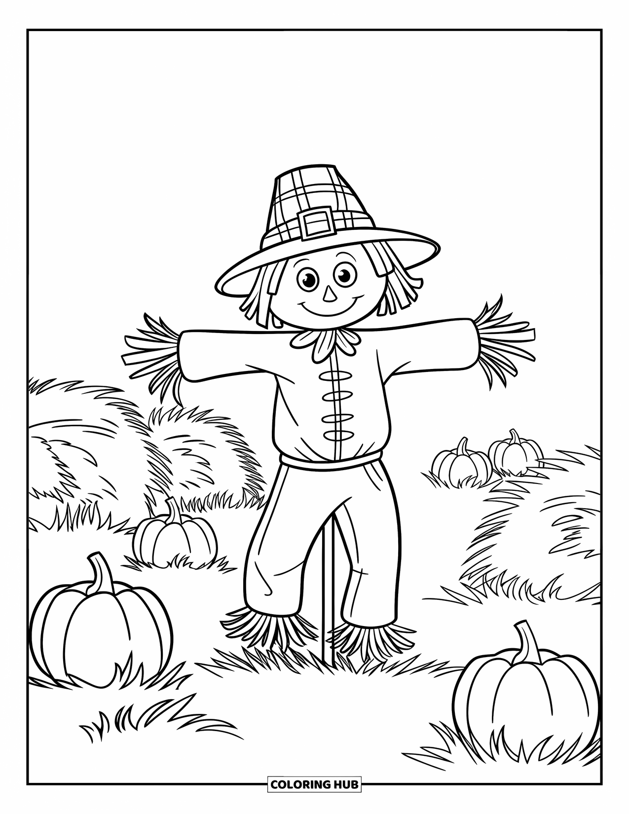 November Coloring Page for Kids: A plaid-hatted scarecrow stands among hay and pumpkins under a clear sky