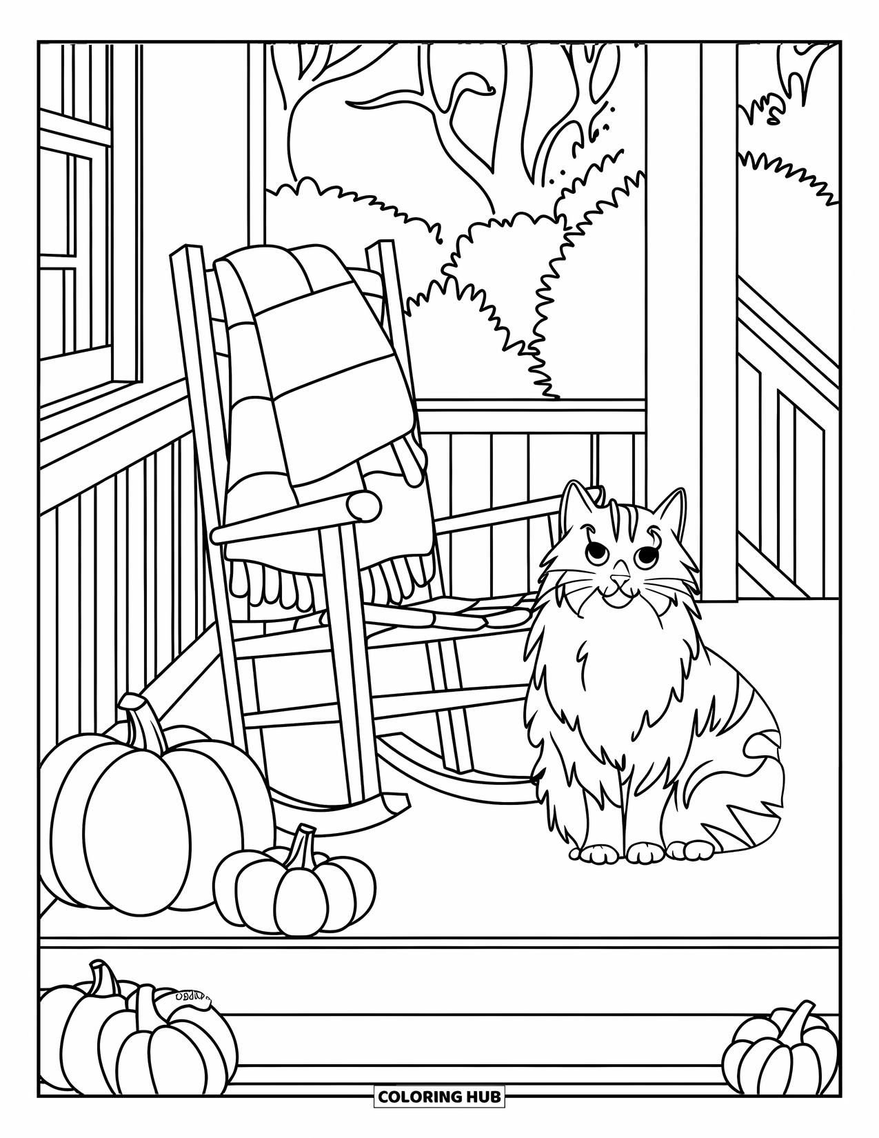 November Coloring Page for Kids: A porch with pumpkins, a chair, and a fluffy cat resting nearby