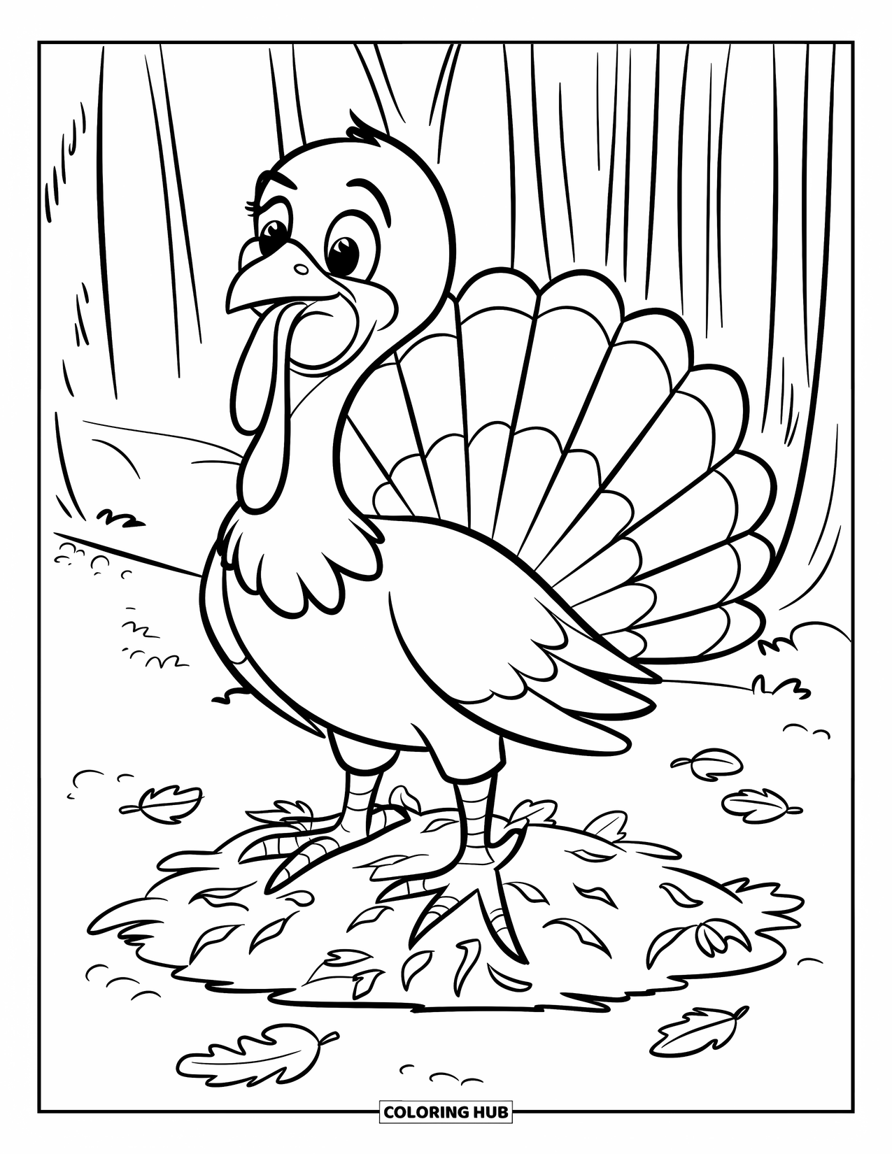 November Coloring Page for Kids: A preschool-friendly turkey with a yellow beak stands in a leafy forest