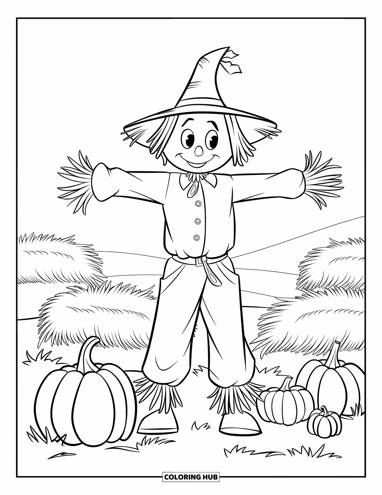 November Coloring Page for Kids: A scarecrow with a straw hat watches over a pumpkin-filled autumn field