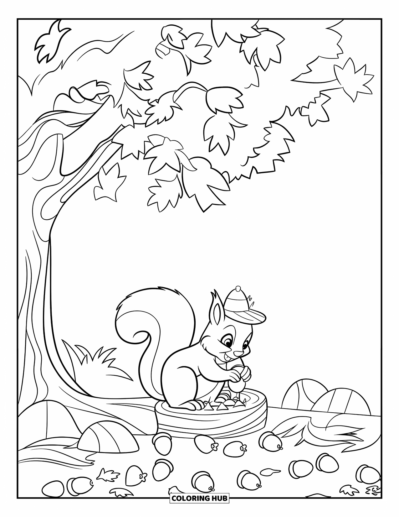 November Coloring Page for Kids: A squirrel in a hat sits on a log, surrounded by fallen acorns
