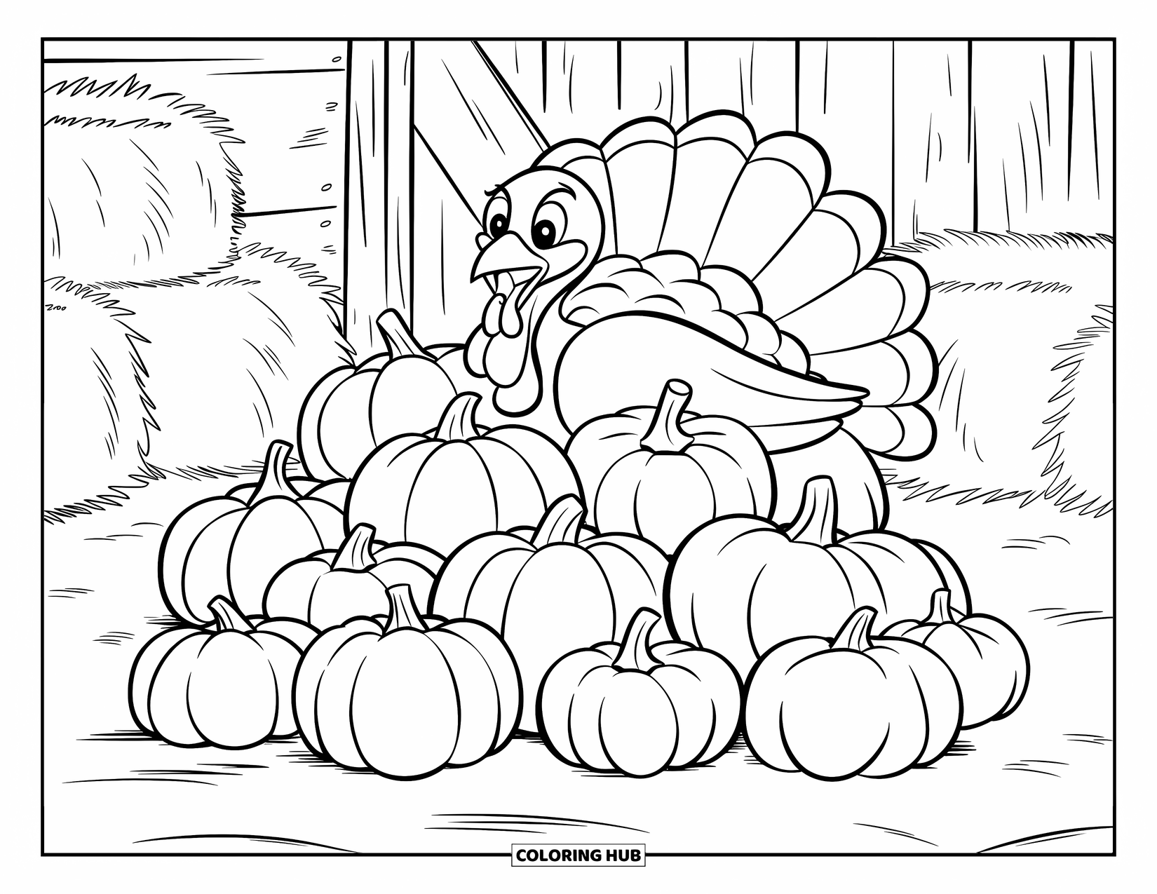 November Coloring Page for Kids: A surprised turkey hides behind a large pile of pumpkins near a wooden shelter