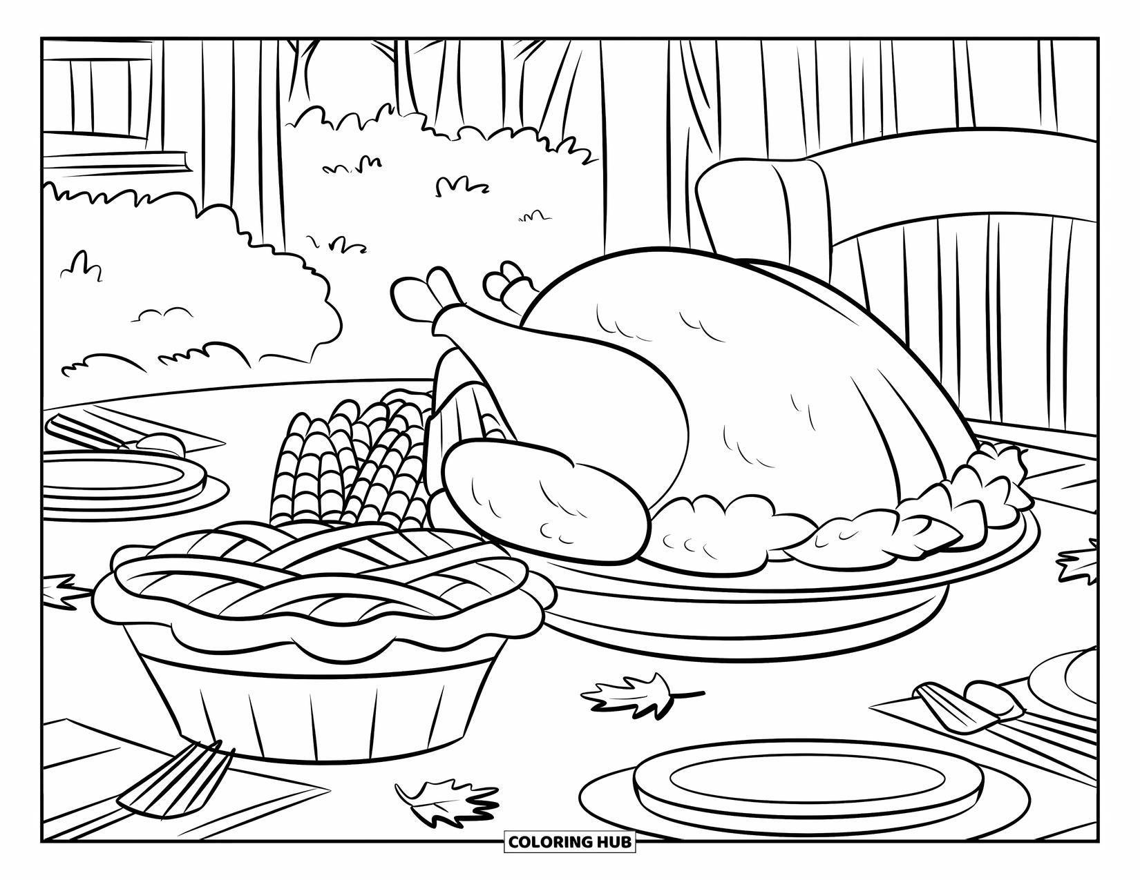 November Coloring Page for Kids: A table holds a cooked turkey, corn, and a pie surrounded by trees