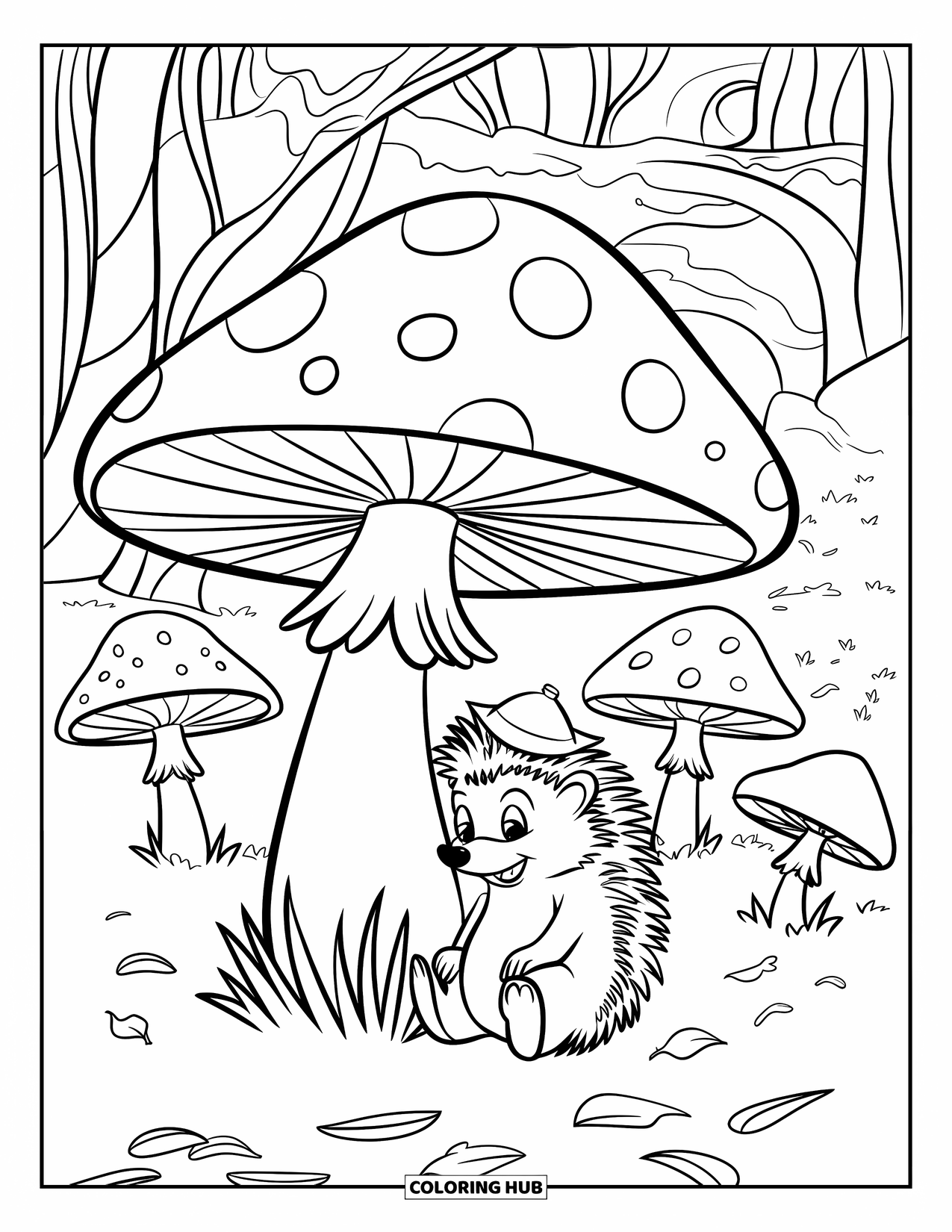 November Coloring Page for Kids: A tiny-hatted hedgehog sits under a mushroom among magical forest leaves