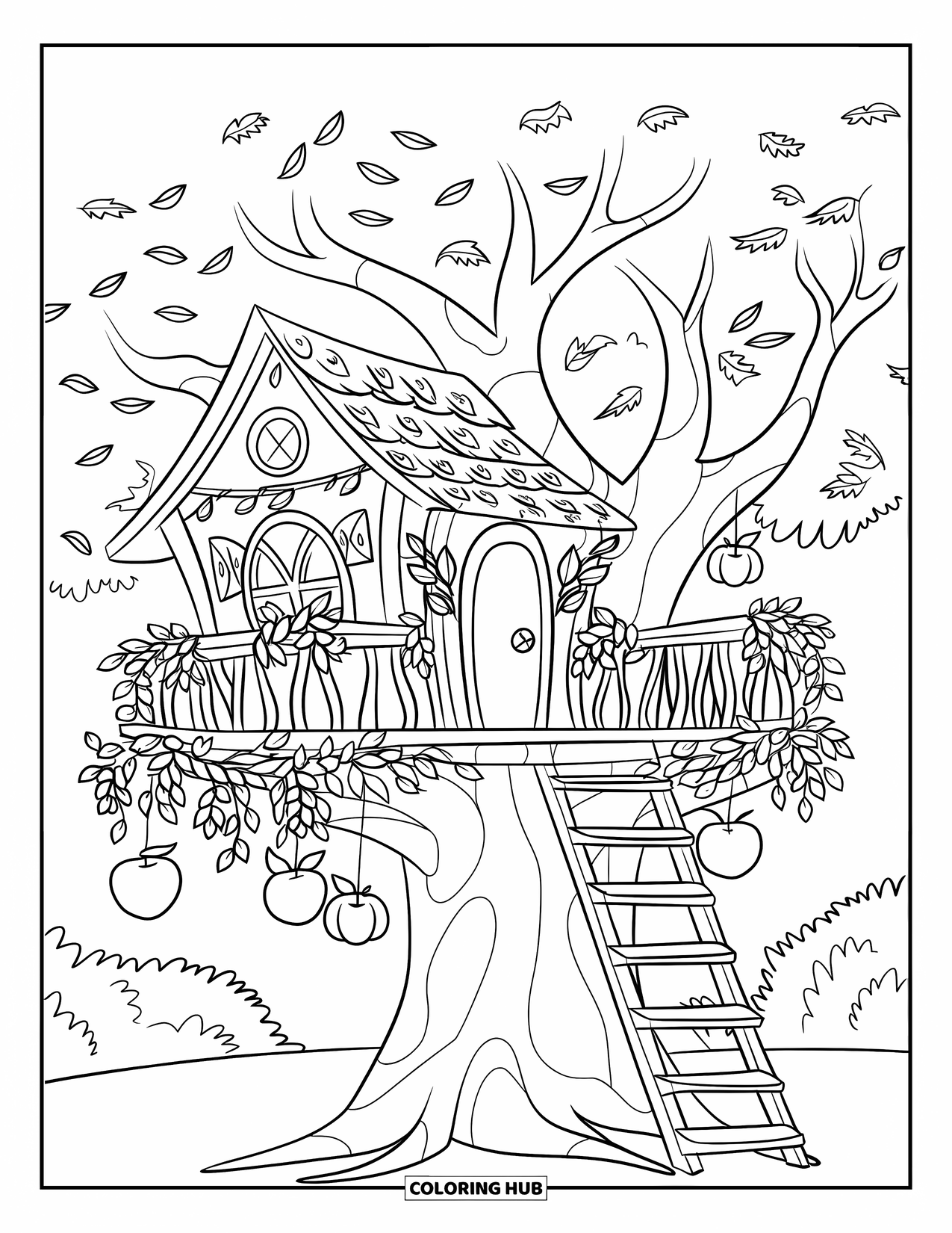 November Coloring Page for Kids: A treehouse high in the forest branches is covered in apples and oranges